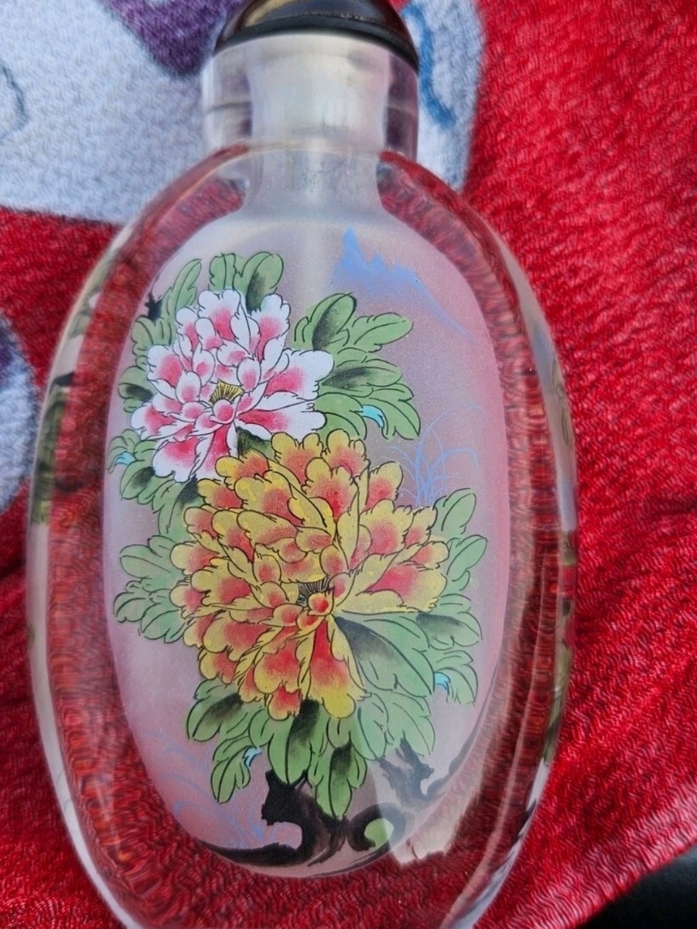 Asian Hand-Painted Glass Floral Art Pendant in Pink, Yellow & Green Vintage